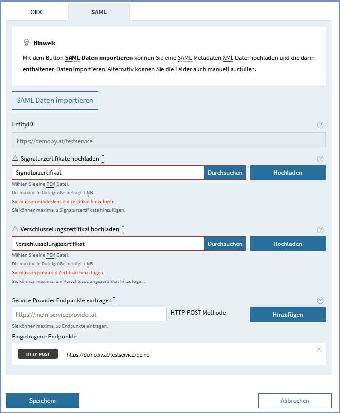 Service Provider Metadaten SAML