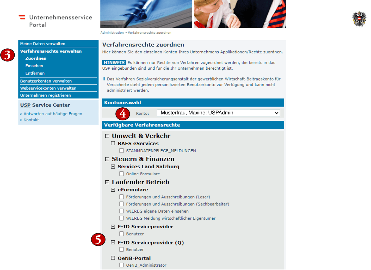 USP Administration Verfahrensrechte zuordnen
