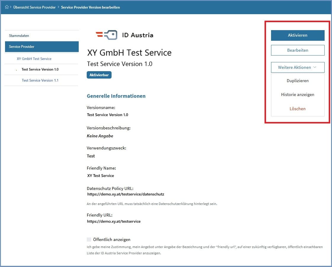 Detailansicht einer inaktiven Version des Service Providers ‚EGIZ OIDC‘