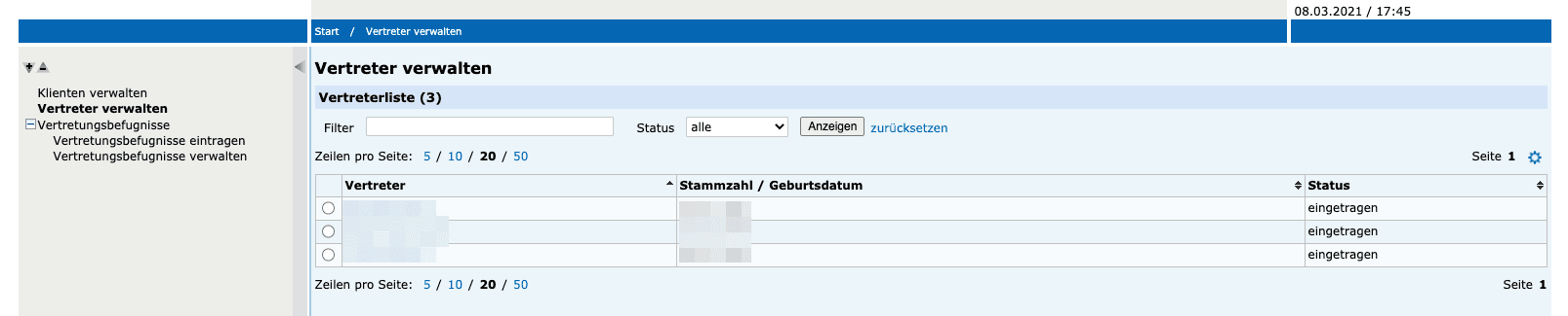 Vergabe Berechtigung - Auswahl Person (Screenshot)