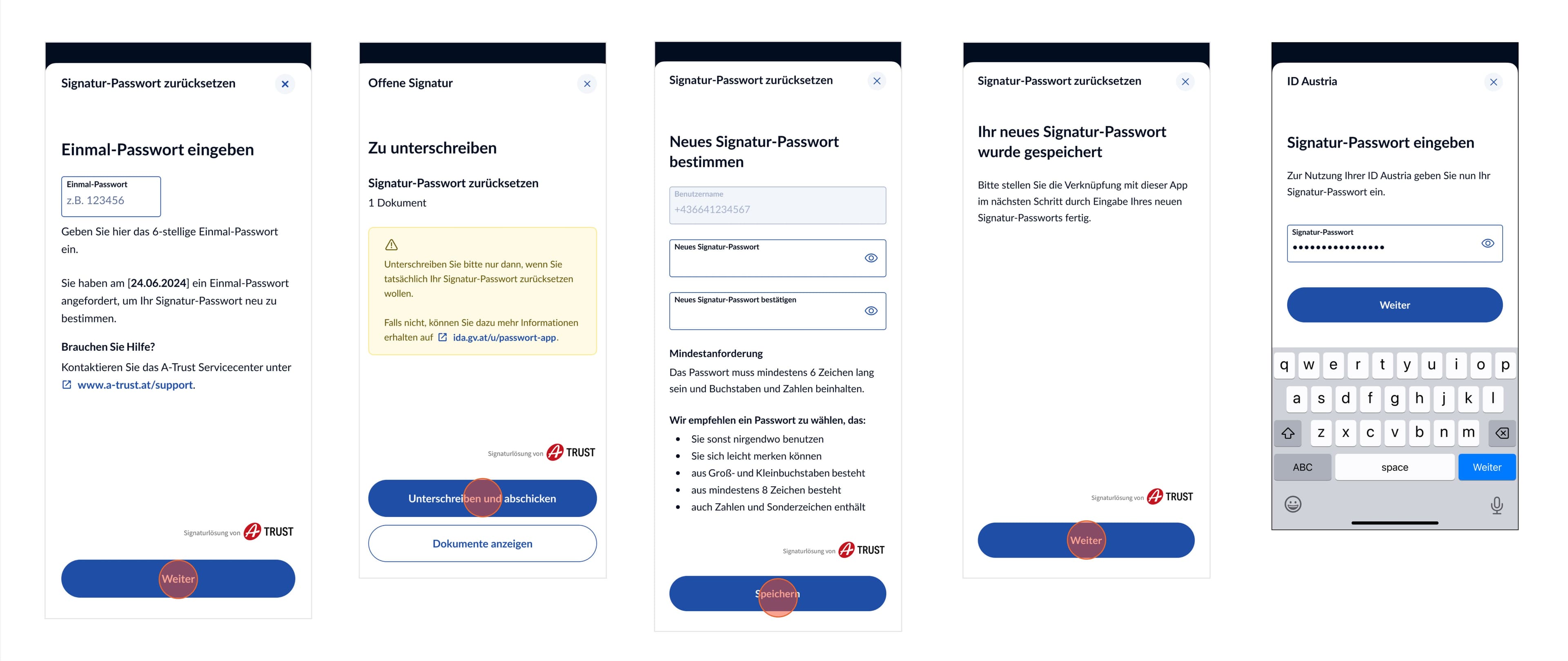 Darstellung der Bildschirme für den Funktionsablauf "Passwort zurücksetzen" in der App – Teil 2